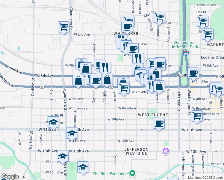 map of restaurants, bars, coffee shops, grocery stores, and more near 1190 West 7th Avenue in Eugene