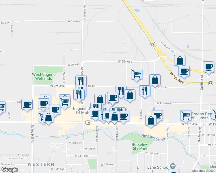 map of restaurants, bars, coffee shops, grocery stores, and more near 700 Tyinn Street in Eugene