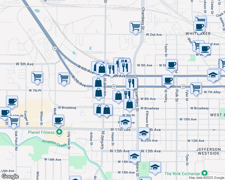 map of restaurants, bars, coffee shops, grocery stores, and more near 1900 West 7th Avenue in Eugene