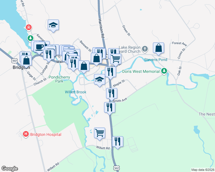 map of restaurants, bars, coffee shops, grocery stores, and more near 32 Portland Road in Bridgton
