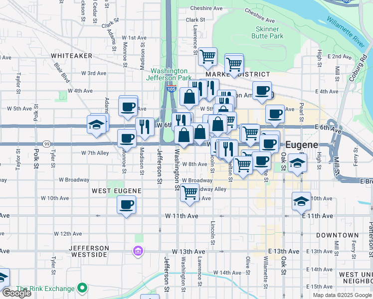 map of restaurants, bars, coffee shops, grocery stores, and more near 700 Lawrence Street in Eugene