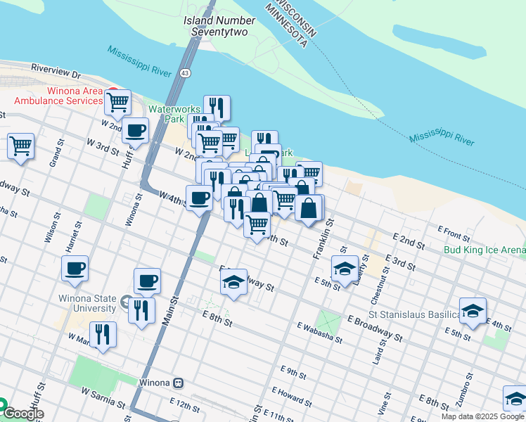 map of restaurants, bars, coffee shops, grocery stores, and more near 101 East 3rd Street in Winona