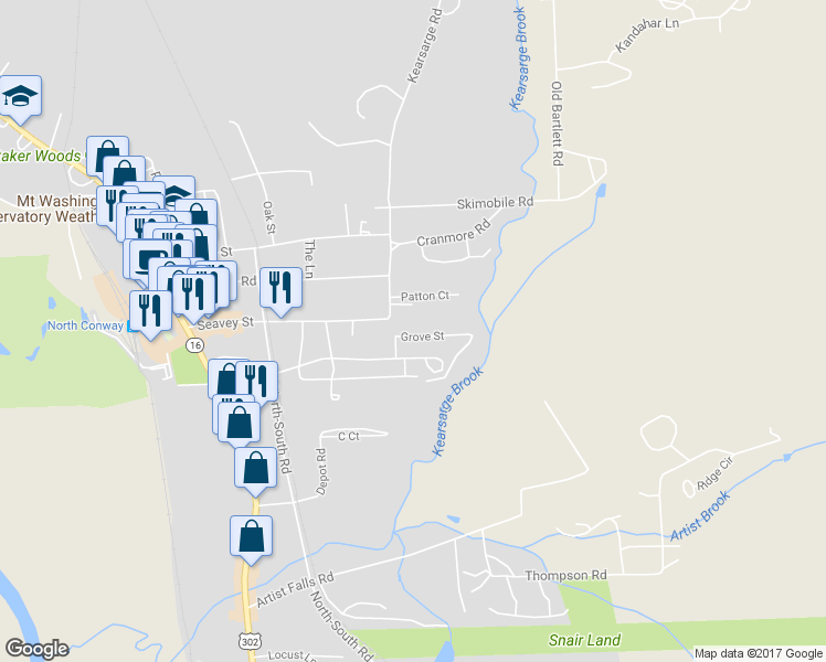 map of restaurants, bars, coffee shops, grocery stores, and more near 202 Grove Street in Conway