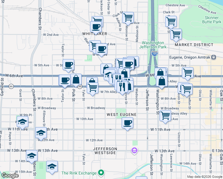 map of restaurants, bars, coffee shops, grocery stores, and more near 932 West 7th Avenue in Eugene