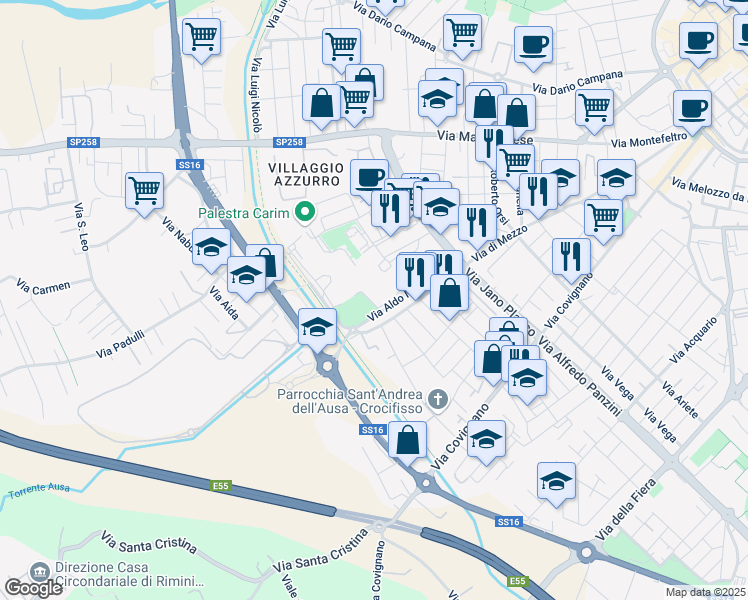 map of restaurants, bars, coffee shops, grocery stores, and more near 2 Via Aldo Moro in Rimini