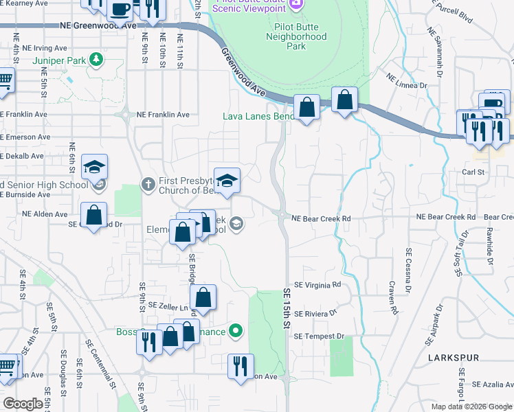 map of restaurants, bars, coffee shops, grocery stores, and more near 1385 Northeast Bear Creek Road in Bend