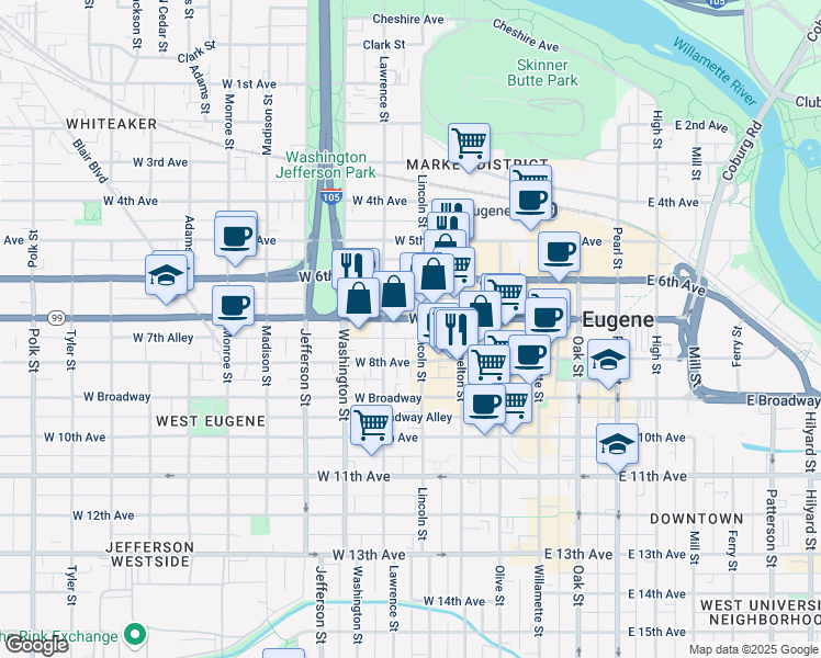 map of restaurants, bars, coffee shops, grocery stores, and more near 330 West 7th Avenue in Eugene