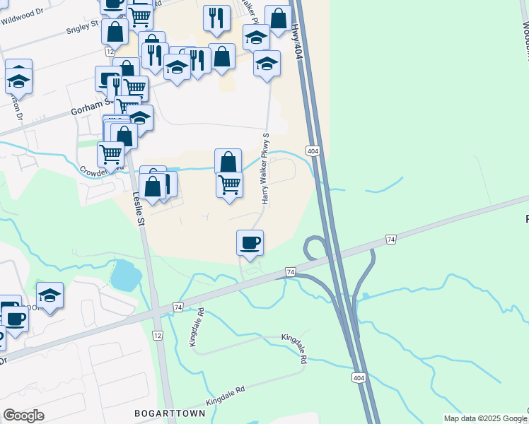 map of restaurants, bars, coffee shops, grocery stores, and more near 429 Harry Walker Parkway South in Newmarket