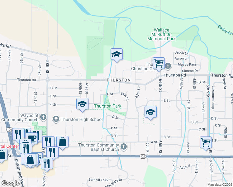 map of restaurants, bars, coffee shops, grocery stores, and more near 6374 F Street in Springfield