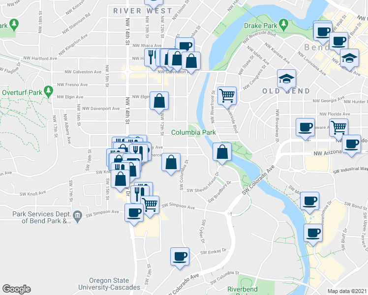 map of restaurants, bars, coffee shops, grocery stores, and more near 1013 NW Albany Ave in Bend