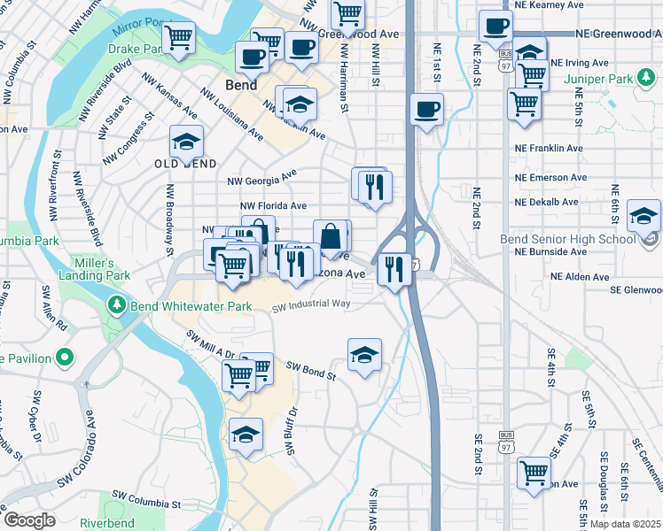 map of restaurants, bars, coffee shops, grocery stores, and more near 110 Northwest Sisemore Street in Bend