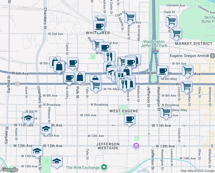 map of restaurants, bars, coffee shops, grocery stores, and more near 1000 West 7th Avenue in Eugene