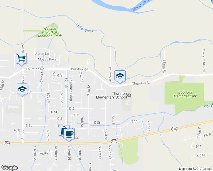 map of restaurants, bars, coffee shops, grocery stores, and more near 7227 Thurston Road in Springfield