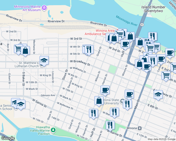 map of restaurants, bars, coffee shops, grocery stores, and more near 462 West Wabasha Street in Winona