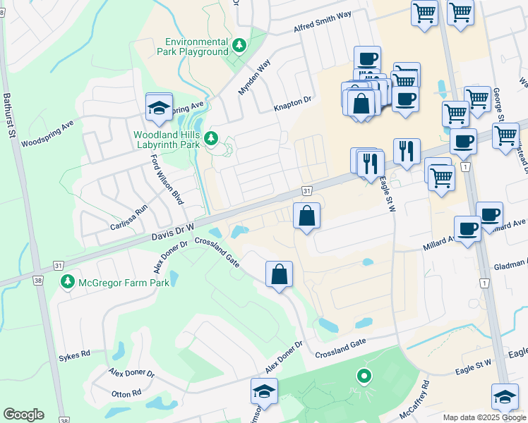 map of restaurants, bars, coffee shops, grocery stores, and more near 225 Harding Park Street in Newmarket