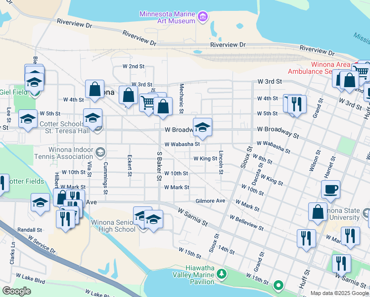 map of restaurants, bars, coffee shops, grocery stores, and more near 813 West Wabasha Street in Winona