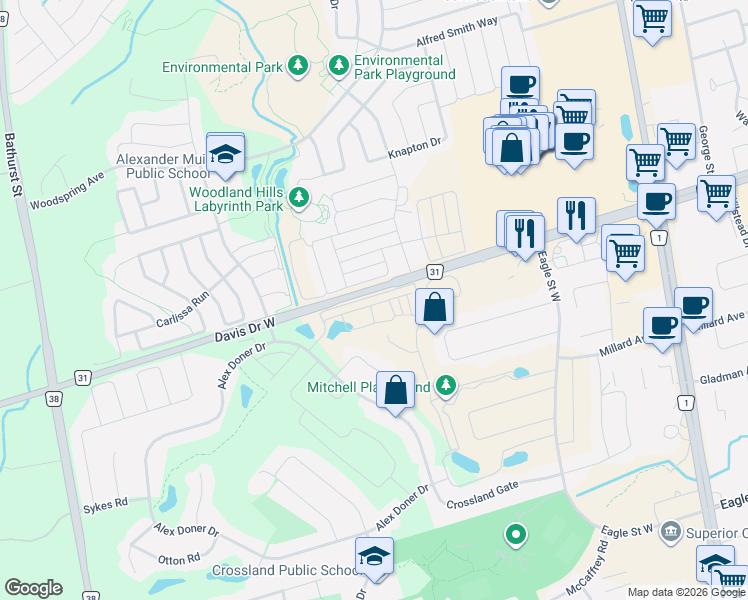map of restaurants, bars, coffee shops, grocery stores, and more near 225 Harding Park Street in Newmarket
