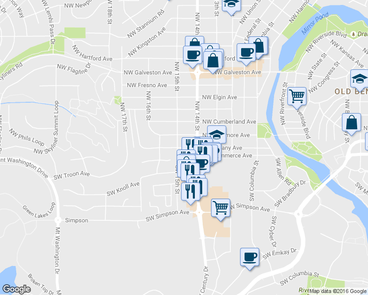 map of restaurants, bars, coffee shops, grocery stores, and more near 1459 NW Albany Ave in Bend