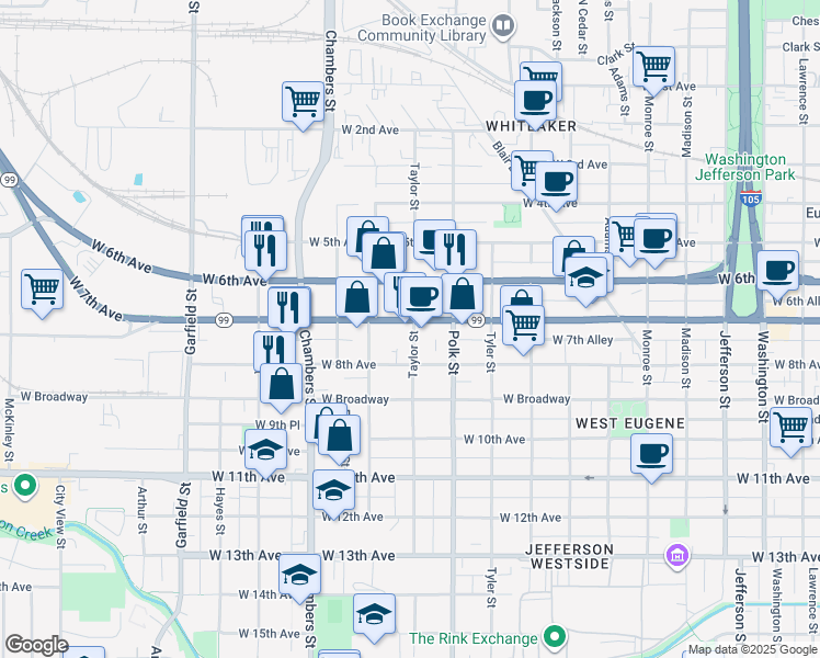 map of restaurants, bars, coffee shops, grocery stores, and more near 1410 West 7th Avenue in Eugene