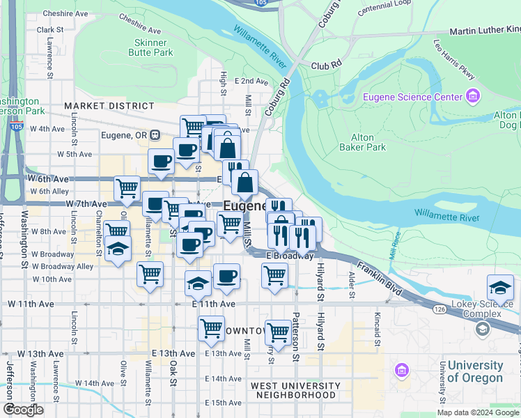 map of restaurants, bars, coffee shops, grocery stores, and more near 405 East 8th Avenue in Eugene