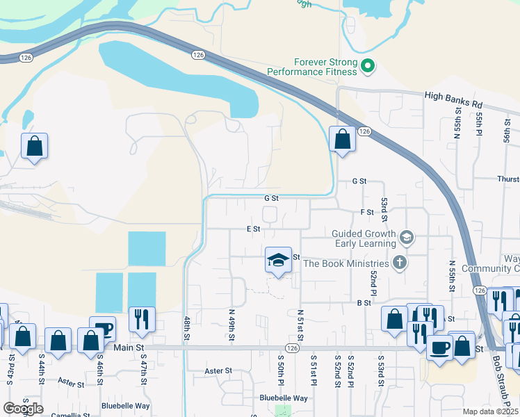 map of restaurants, bars, coffee shops, grocery stores, and more near 5040 E Street in Springfield