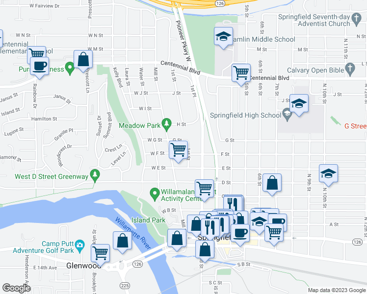 map of restaurants, bars, coffee shops, grocery stores, and more near 700 1st Street in Springfield