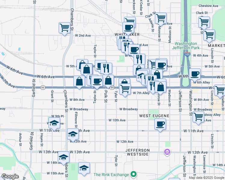 map of restaurants, bars, coffee shops, grocery stores, and more near 1190 West 7th Avenue in Eugene
