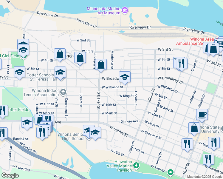 map of restaurants, bars, coffee shops, grocery stores, and more near 813 West Wabasha Street in Winona