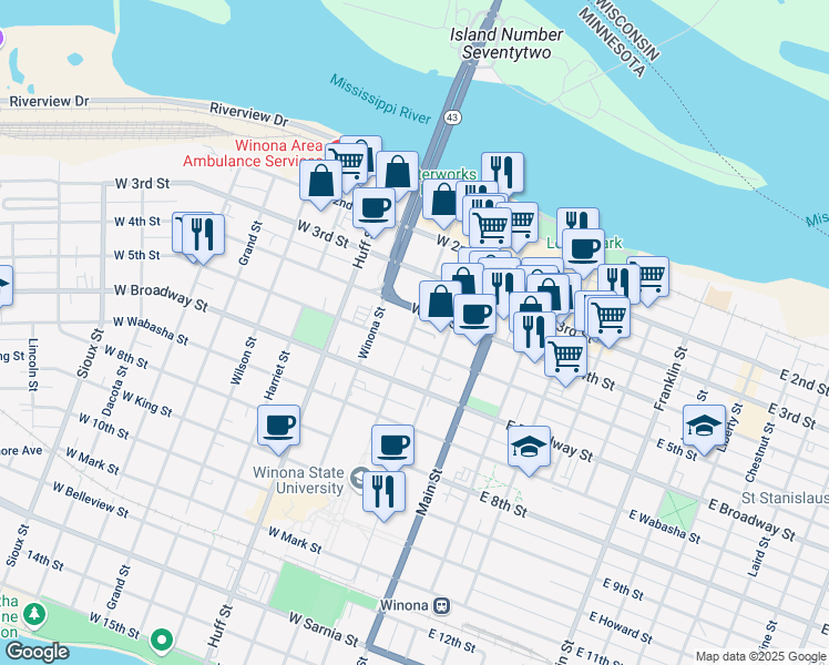 map of restaurants, bars, coffee shops, grocery stores, and more near 218 Washington Street in Winona