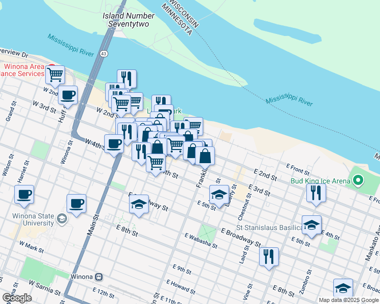 map of restaurants, bars, coffee shops, grocery stores, and more near 111 Market Street in Winona