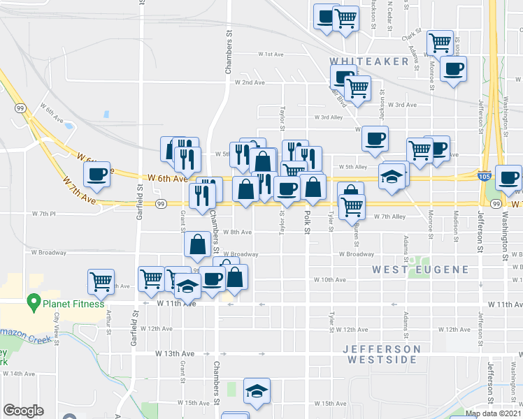 map of restaurants, bars, coffee shops, grocery stores, and more near 1488 West 7th Avenue in Eugene