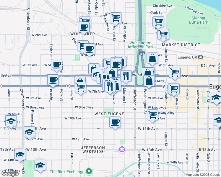 map of restaurants, bars, coffee shops, grocery stores, and more near 830 West 7th Avenue in Eugene