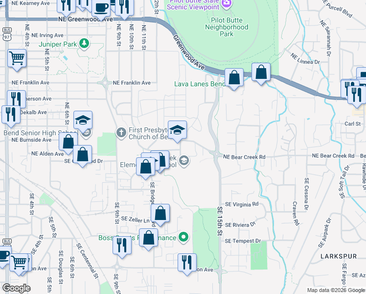 map of restaurants, bars, coffee shops, grocery stores, and more near 108 Northeast 13th Street in Bend