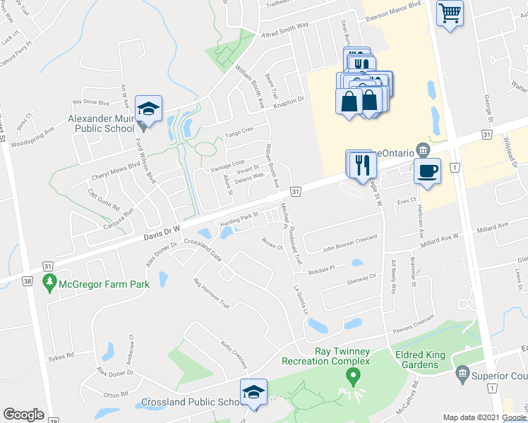 map of restaurants, bars, coffee shops, grocery stores, and more near 193 Harding Park Street in Newmarket