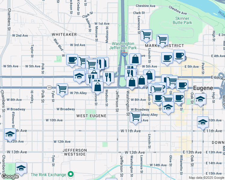 map of restaurants, bars, coffee shops, grocery stores, and more near 640 West 7th Avenue in Eugene