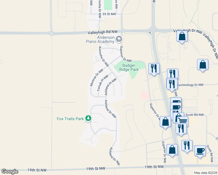 map of restaurants, bars, coffee shops, grocery stores, and more near 2764 Ashland Place Northwest in Rochester