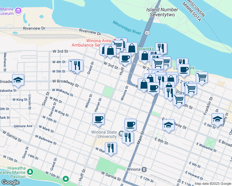 map of restaurants, bars, coffee shops, grocery stores, and more near 254 Huff Street in Winona