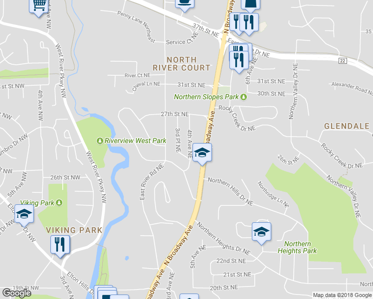 map of restaurants, bars, coffee shops, grocery stores, and more near 2621 4th Avenue Northeast in Rochester
