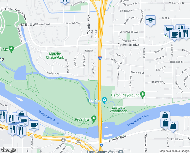 map of restaurants, bars, coffee shops, grocery stores, and more near 553 Covey Lane in Eugene