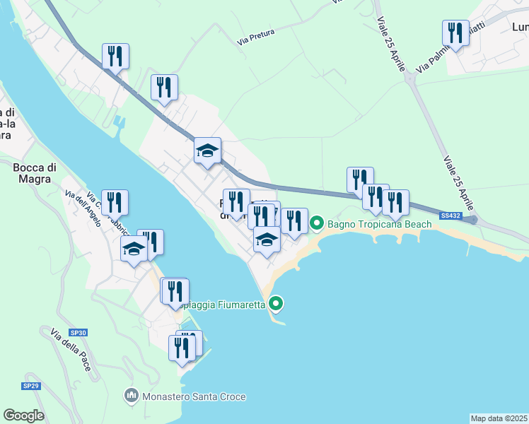 map of restaurants, bars, coffee shops, grocery stores, and more near 30 Via Baban in Fiumaretta di Ameglia