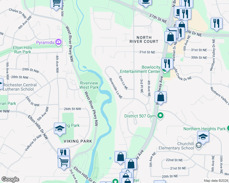 map of restaurants, bars, coffee shops, grocery stores, and more near 2665 Riverside Lane Northeast in Rochester