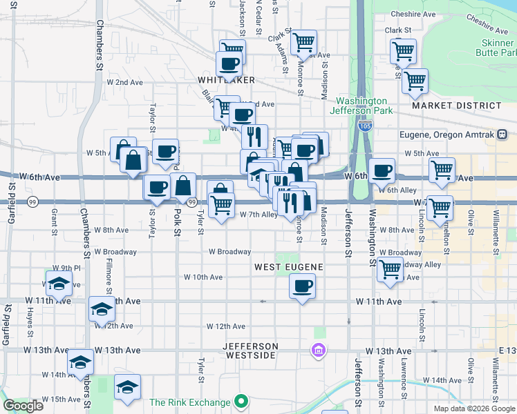 map of restaurants, bars, coffee shops, grocery stores, and more near 1000 West 7th Avenue in Eugene