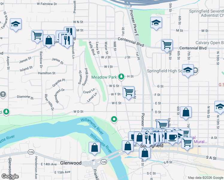 map of restaurants, bars, coffee shops, grocery stores, and more near 767 Water Street in Springfield