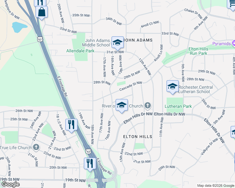map of restaurants, bars, coffee shops, grocery stores, and more near 1450 Cascade St NW in Rochester