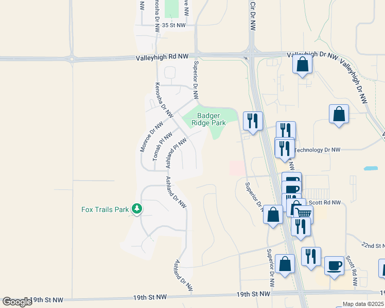map of restaurants, bars, coffee shops, grocery stores, and more near 2741 Kenosha Lane Northwest in Rochester
