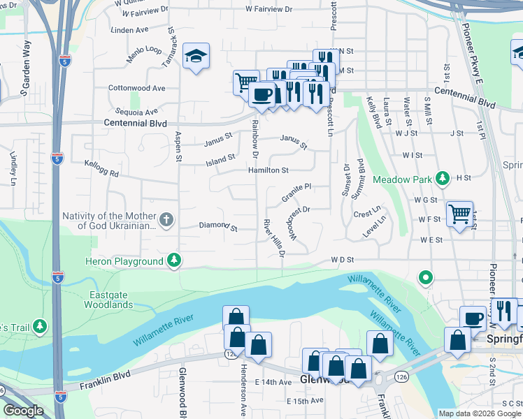 map of restaurants, bars, coffee shops, grocery stores, and more near 746 River Hills Drive in Springfield