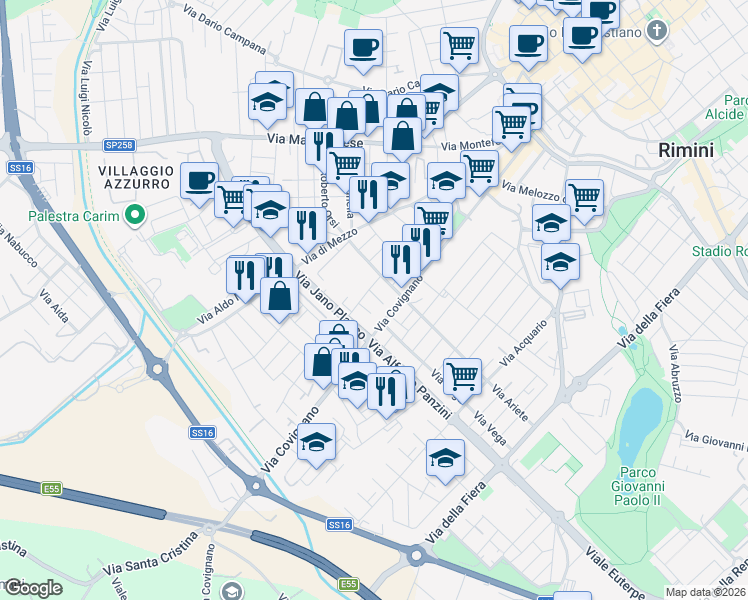 map of restaurants, bars, coffee shops, grocery stores, and more near 10 Via Eleonora Duse in Rimini