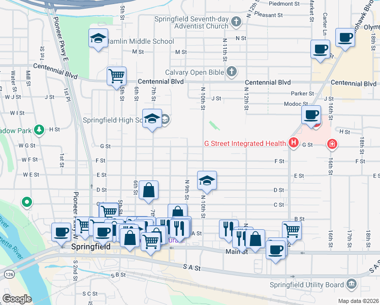 map of restaurants, bars, coffee shops, grocery stores, and more near 749 9th Street in Springfield