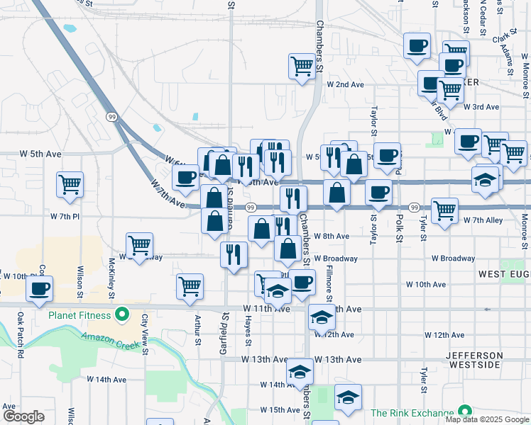 map of restaurants, bars, coffee shops, grocery stores, and more near 785 Grant Street in Eugene