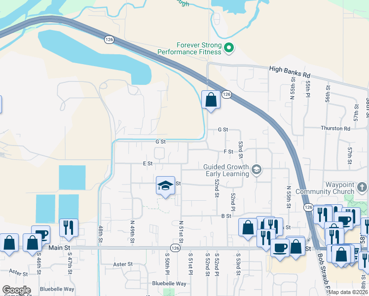 map of restaurants, bars, coffee shops, grocery stores, and more near 5081 G Street in Springfield